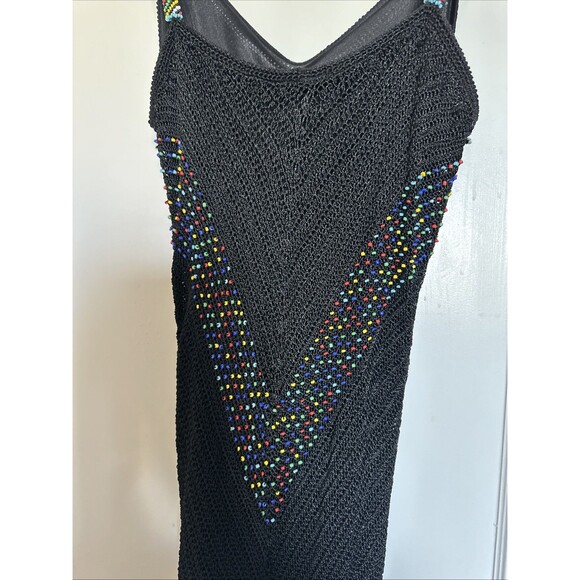 1990s Cache Crochet Dress Rainbow Beads Vintage Maxi Fringe Trim Boho Small - Picture 11 of 13
